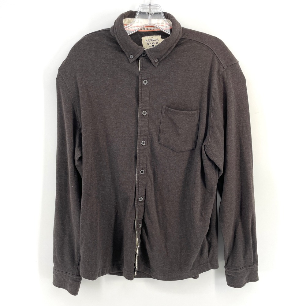 The Normal Brand Long Sleeve Button Down Knit Shirt Mens L Heather Gray Bear